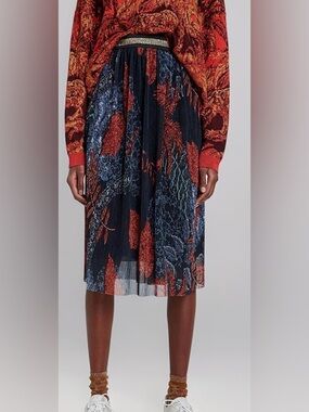 Desigual Virgine Pleated Midi Skirt with Gold Elastic Waist